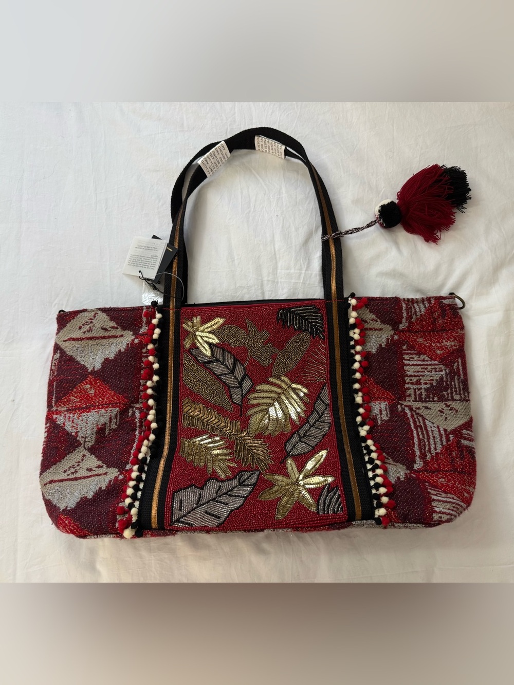 NWT American And Beyond EMBELLISHED TOTE RED FLORAL Boho Beaded Duffle
